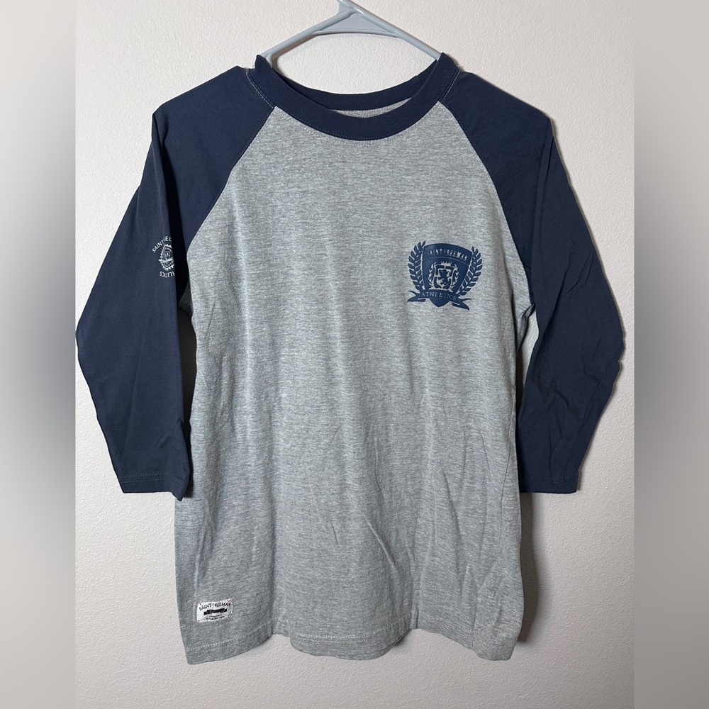 ESMX men’s gray and blue quart length baseball shirt 100% cotton size small